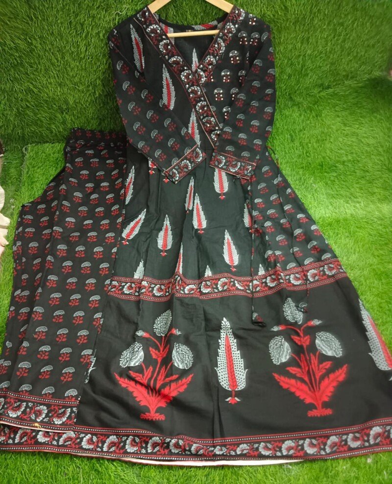 Beautiful Black Cotton Anarkali Kurta With Block Print - Image 6