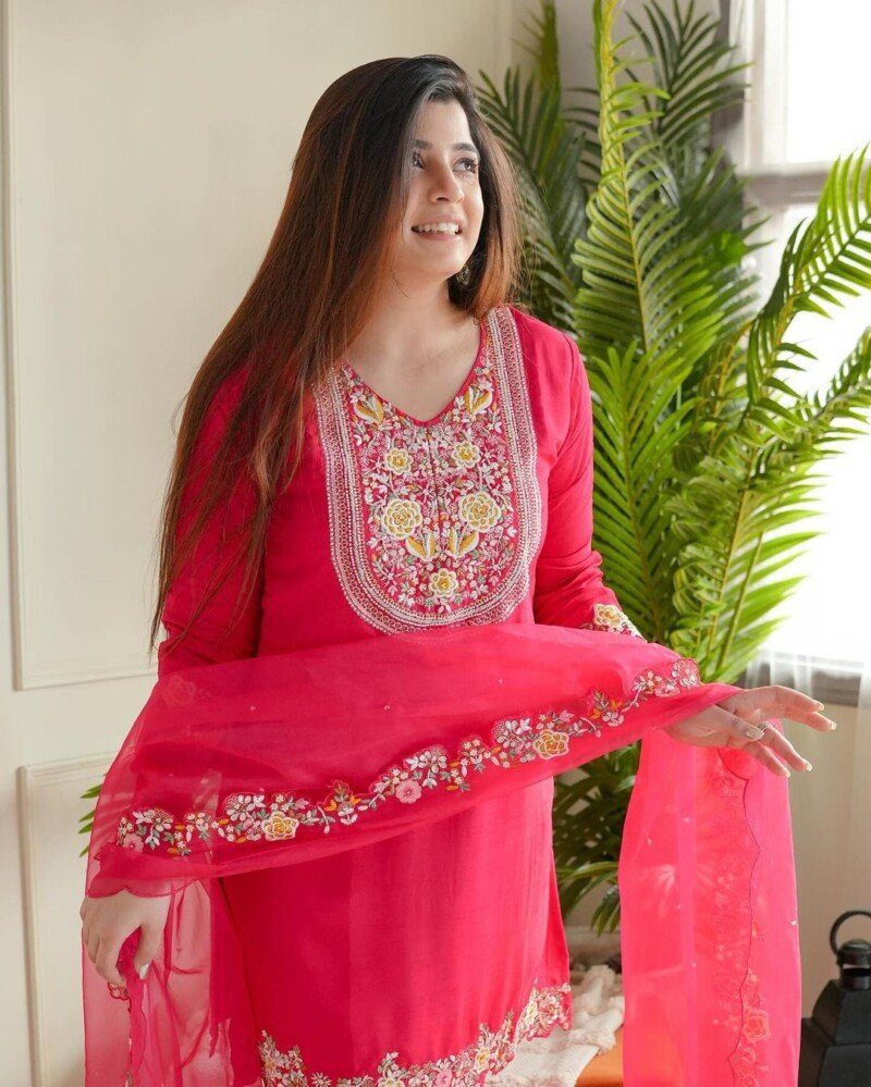 Beautiful Pink Embroidered Cotton Kurta Sharara Suit - Image 3