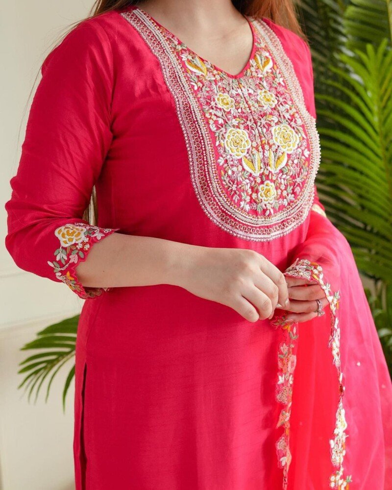 Beautiful Pink Embroidered Cotton Kurta Sharara Suit - Image 4