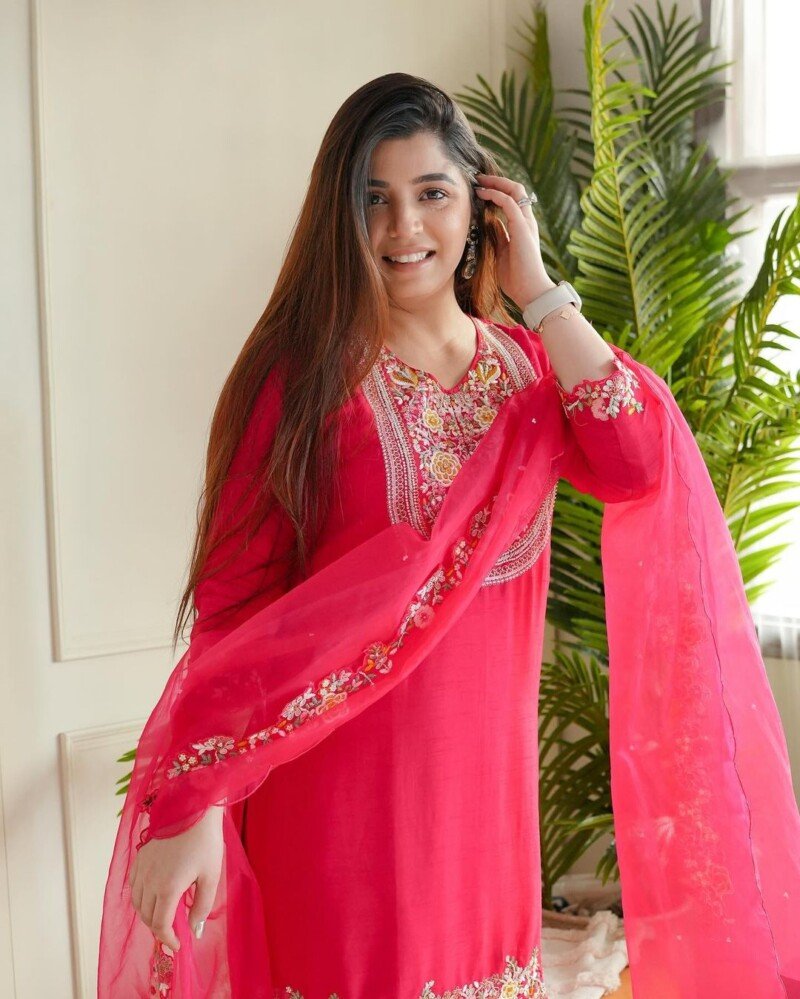 Beautiful Pink Embroidered Cotton Kurta Sharara Suit - Image 5