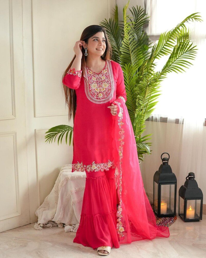Beautiful Pink Embroidered Cotton Kurta Sharara Suit