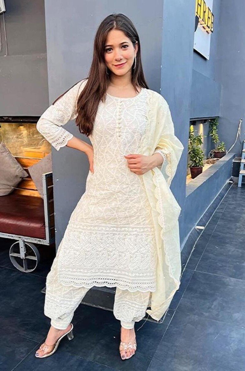 Beautiful White Chicken Kari 3Piece Kurta Afgani Pant Set