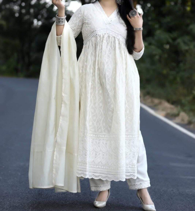 Beautiful White Chicken Kari 3Piece Kurta Set Fully Stitched