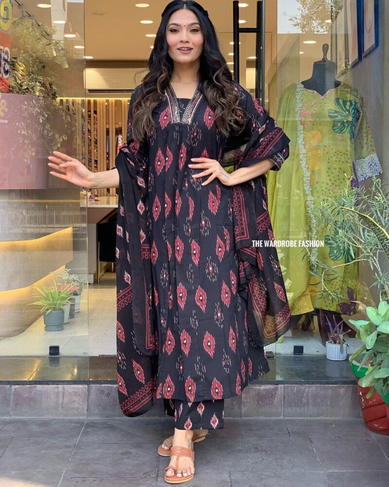 Beautiful Black Cotton Anarkali Kurti With Pant Suit Readymade - Image 2