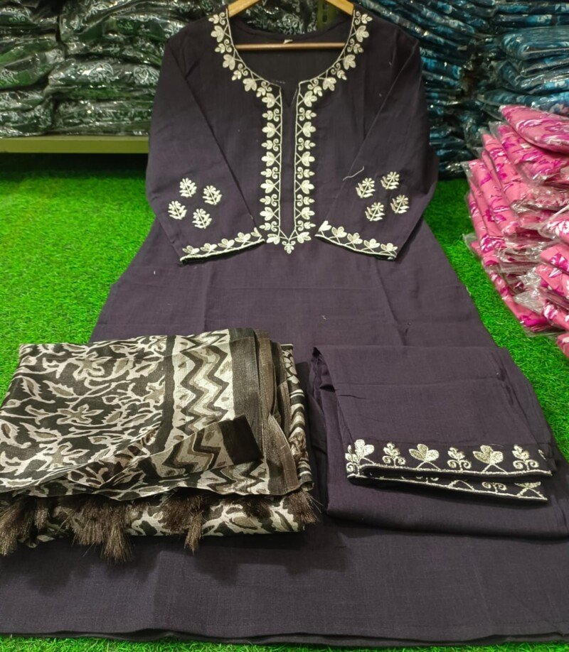 Beautiful  Cotton Embroidered Kurta Pant Dupatta Suit Readymade - Image 5