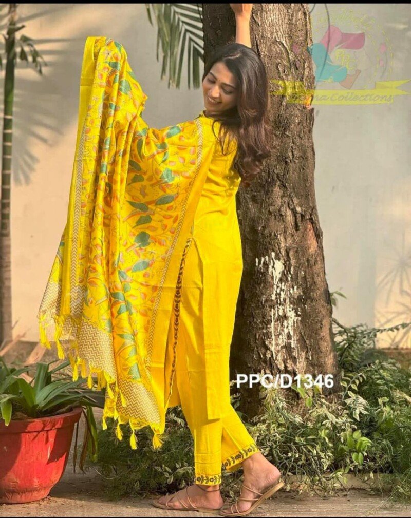 Beautiful Yellow South Cotton Embroidered 3piece Suit - Image 3