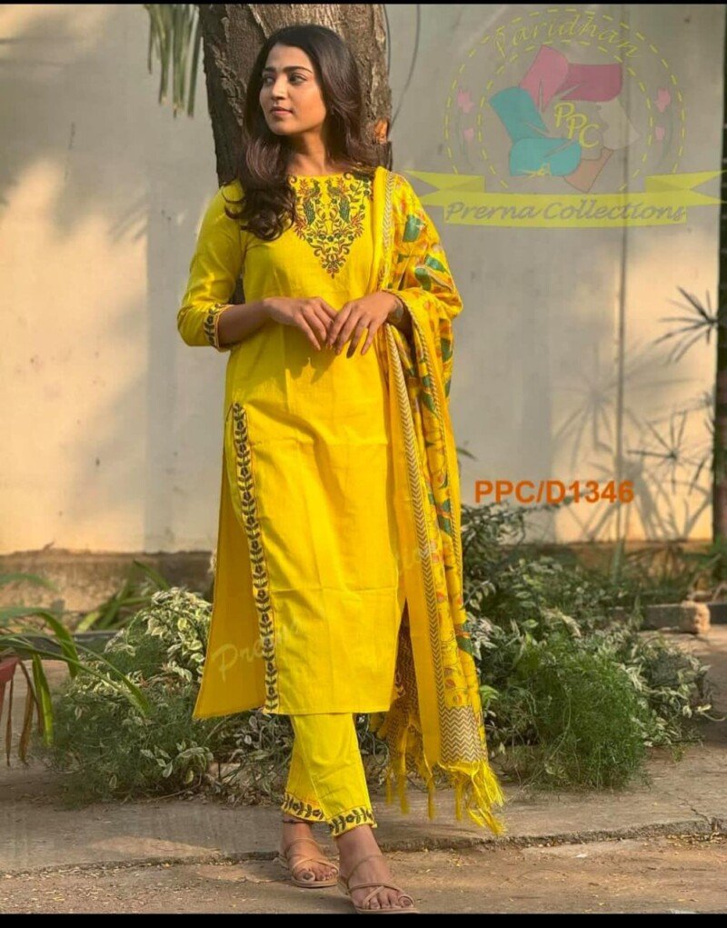 Beautiful Yellow South Cotton Embroidered 3piece Suit