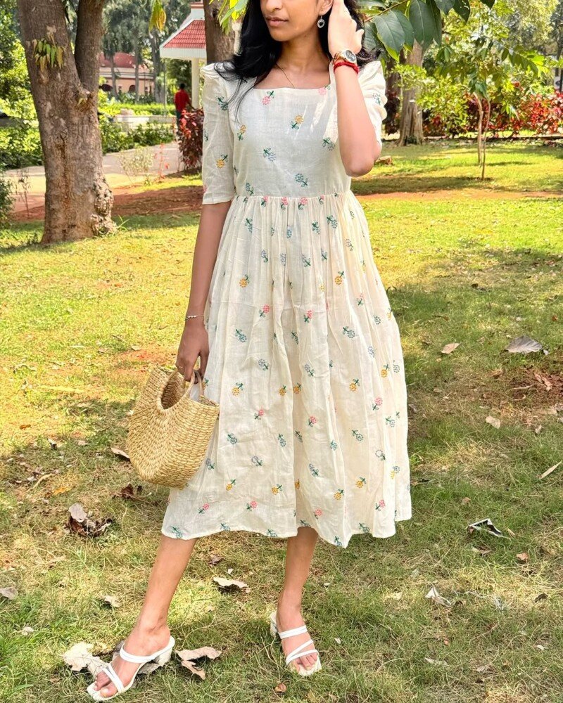 Beautiful White Cotton Short Anarkali gown Dress Readymade