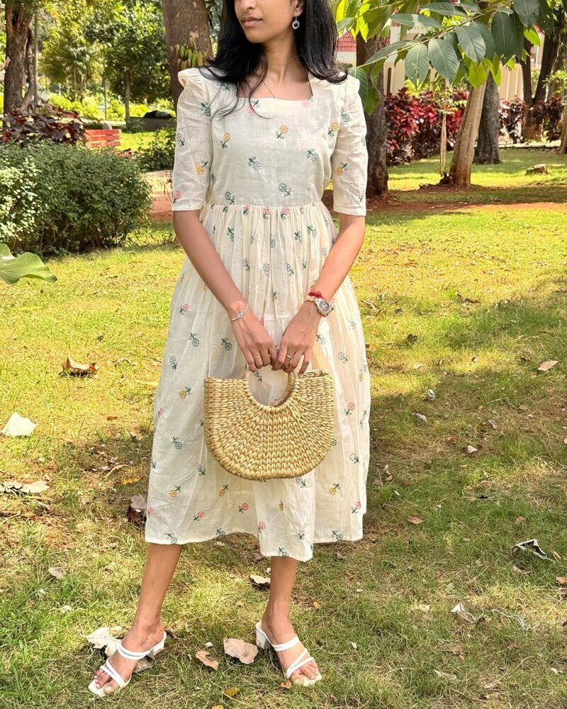 Beautiful White Cotton Short Anarkali gown Dress Readymade - Image 2