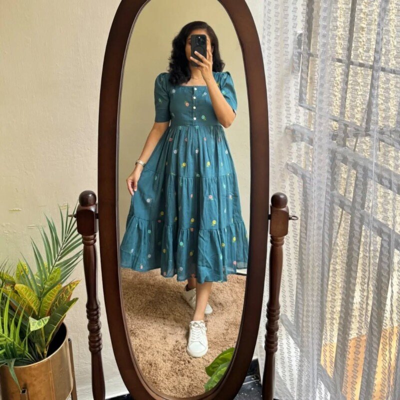 Beautiful Green Cotton Embroidered Short Anarkali Suit