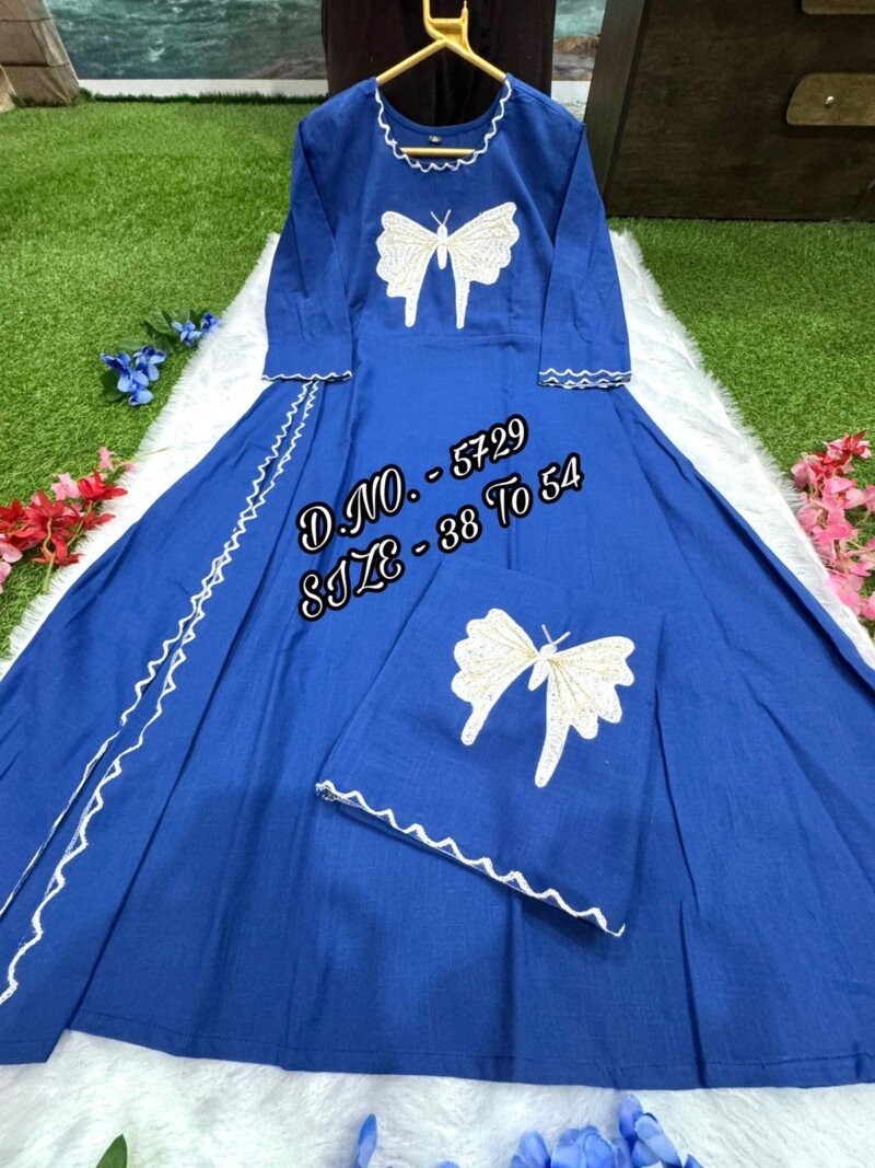 Plus Size Cotton Blue Long Kurta with Side Cut Dress Readymade - Image 3