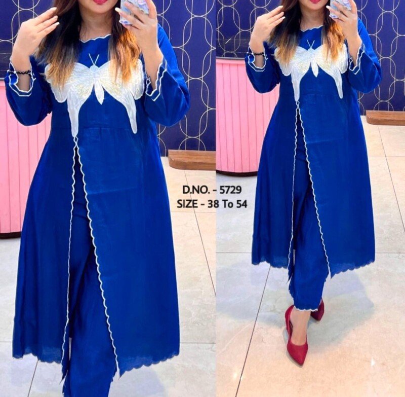 Plus Size Cotton Blue Long Kurta with Side Cut Dress Readymade