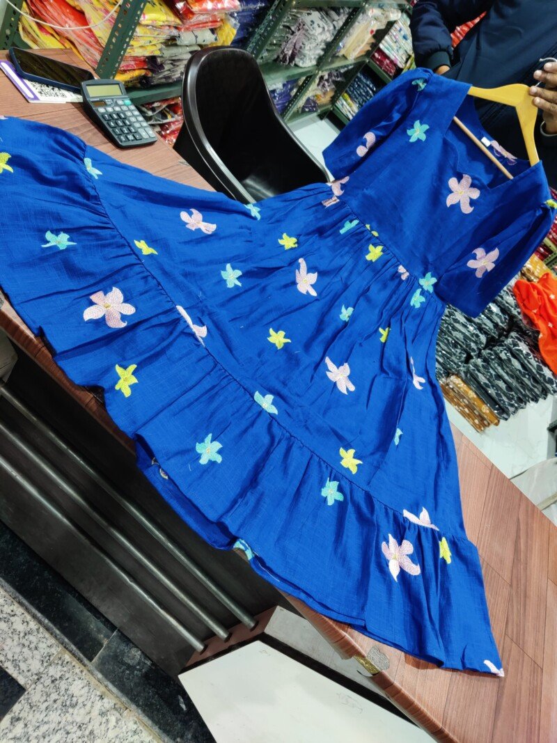 Beautiful Blue Embroidered Cotton Short Anarkali Kurta - Image 9