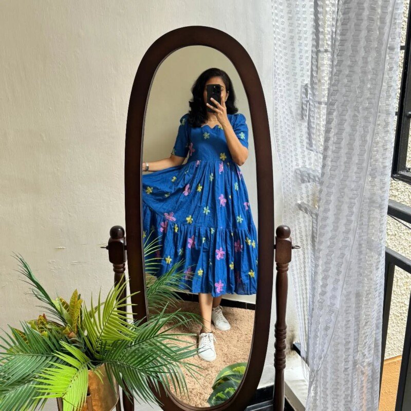 Beautiful Blue Embroidered Cotton Short Anarkali Kurta - Image 5