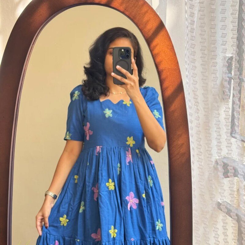 Beautiful Blue Embroidered Cotton Short Anarkali Kurta - Image 6
