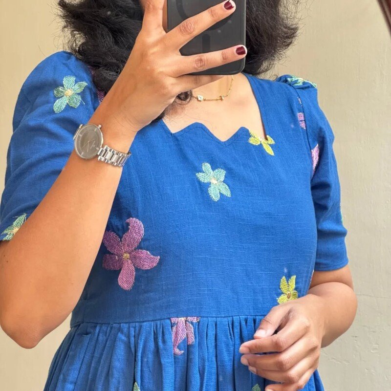 Beautiful Blue Embroidered Cotton Short Anarkali Kurta - Image 7