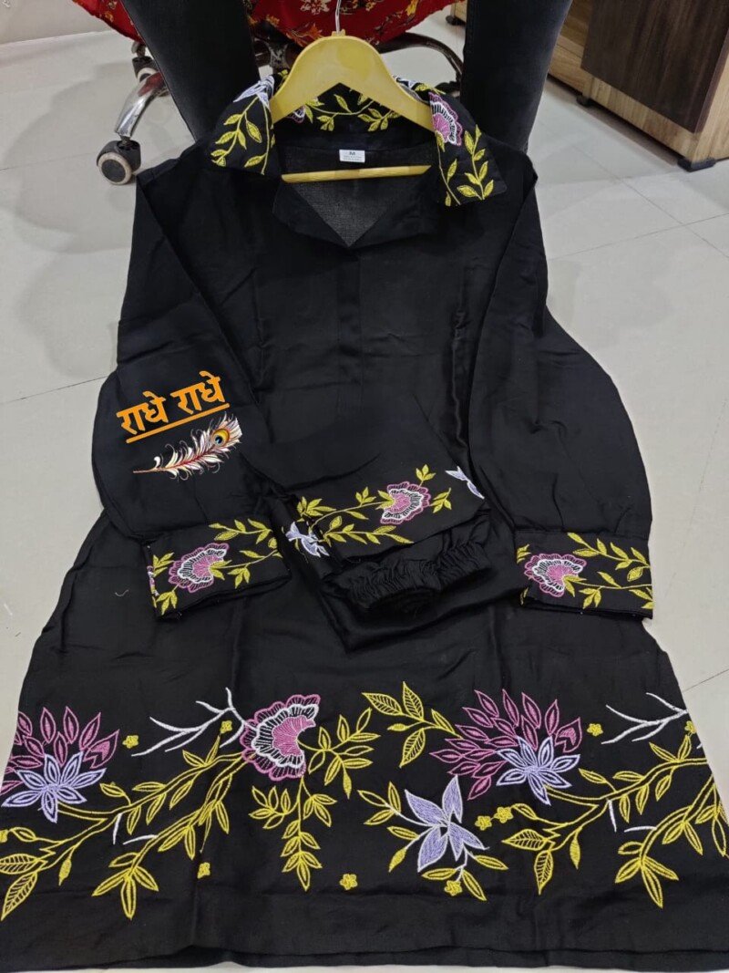 Party/Wedding Wear Black Cotton Embroidered Cord Set Stitched - Image 5