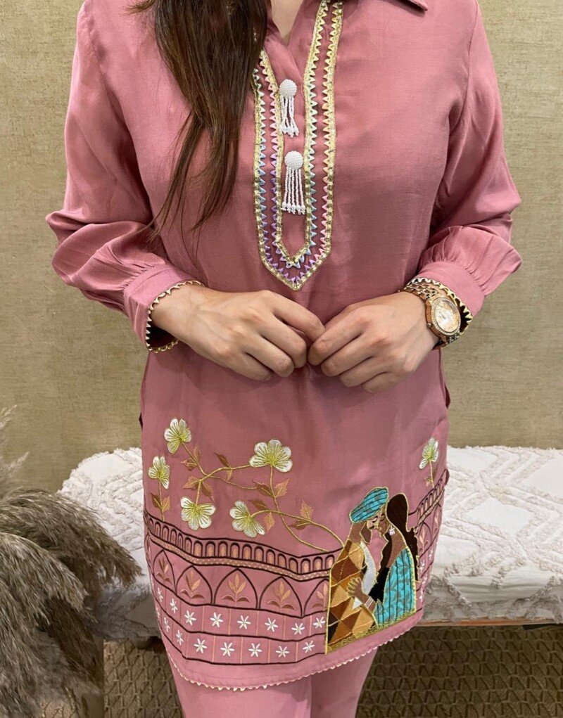 Party/Wedding Wear Pink Cotton Embroidered Cord Set