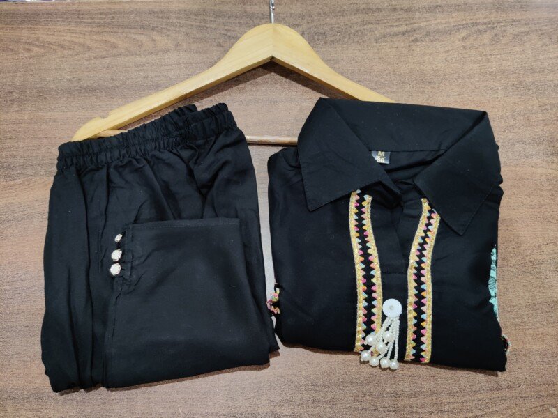 Beautiful Black  Cotton Embroidered Cord Set Readymade - Image 4