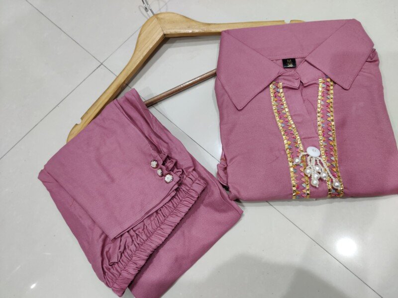 Party/Wedding Wear Pink Cotton Embroidered Cord Set - Image 3