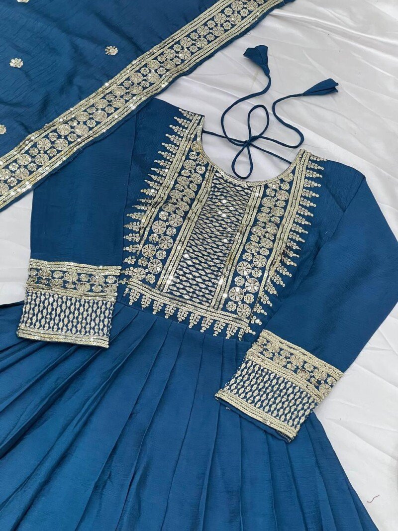 Party/Wedding wear Chinnon Embroidered Anarkali Suit - Image 11