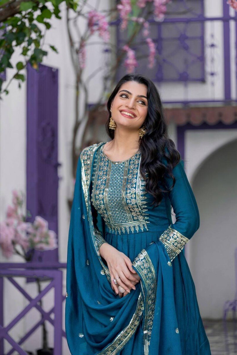 Party/Wedding wear Chinnon Embroidered Anarkali Suit - Image 7