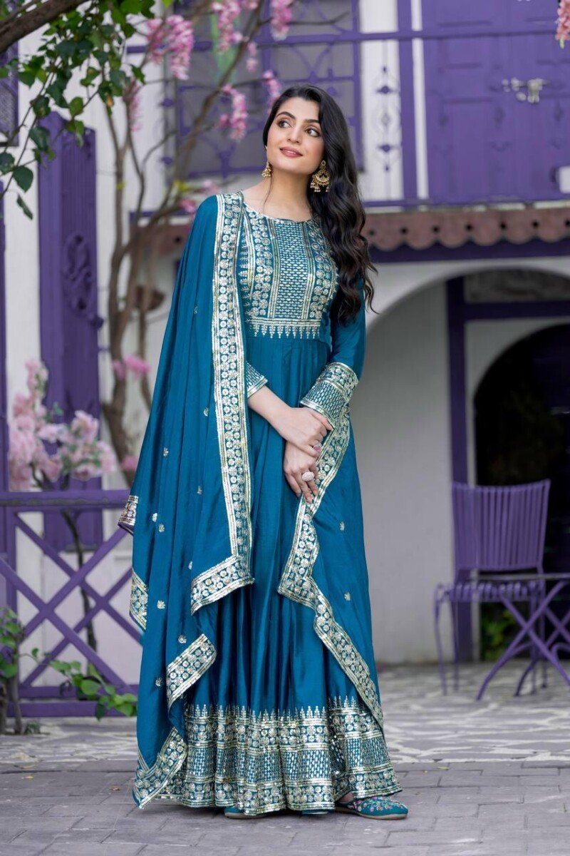 Party/Wedding wear Chinnon Embroidered Anarkali Suit - Image 6