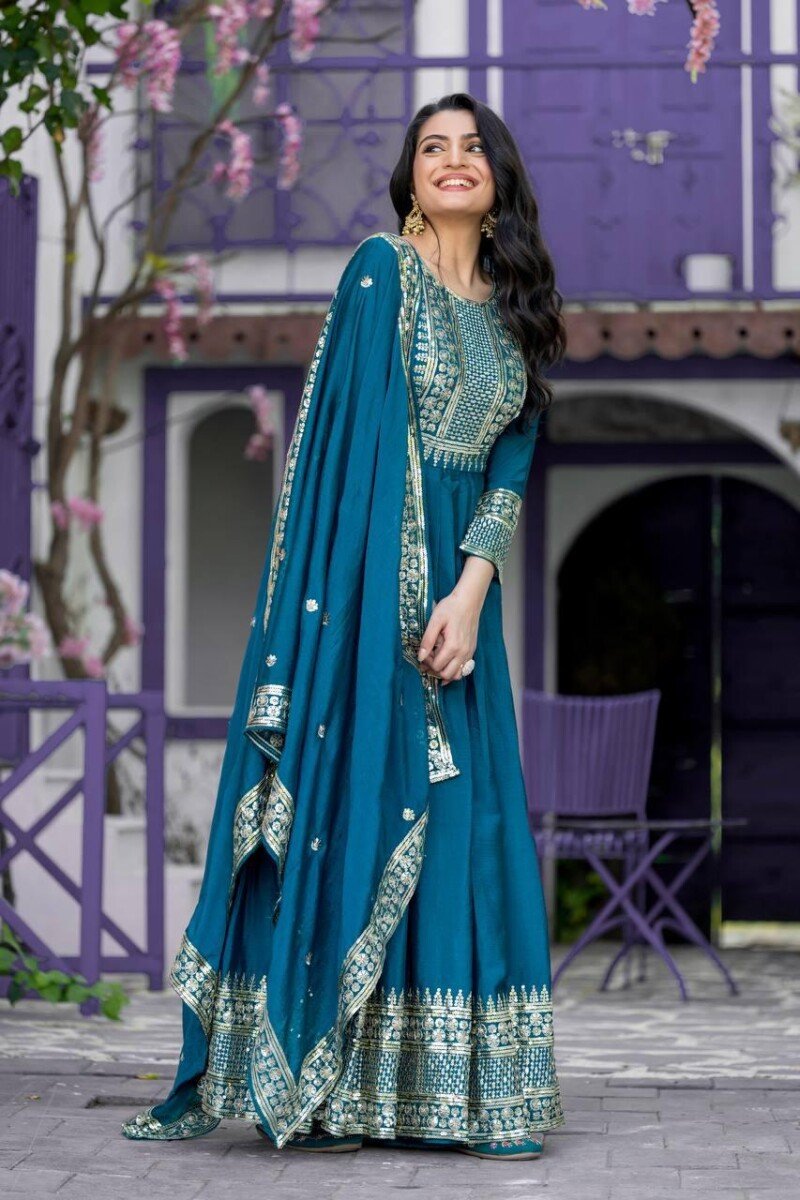 Party/Wedding wear Chinnon Embroidered Anarkali Suit - Image 5