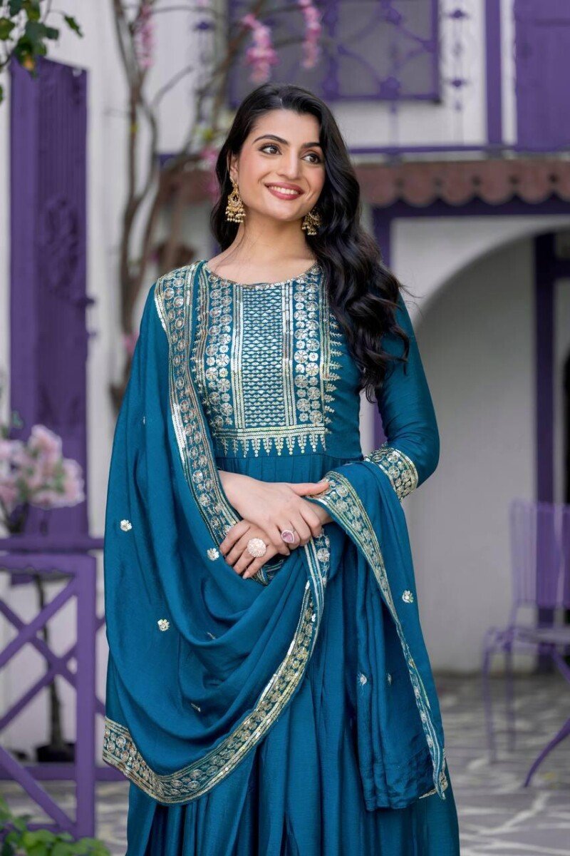 Party/Wedding wear Chinnon Embroidered Anarkali Suit - Image 4