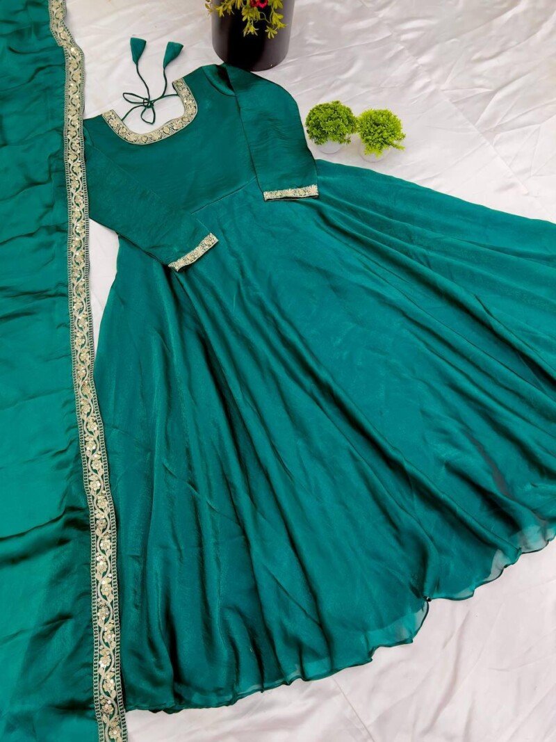 Party/Wedding wear Silk Long  Anarkali Gown Dress Stitched - Image 4