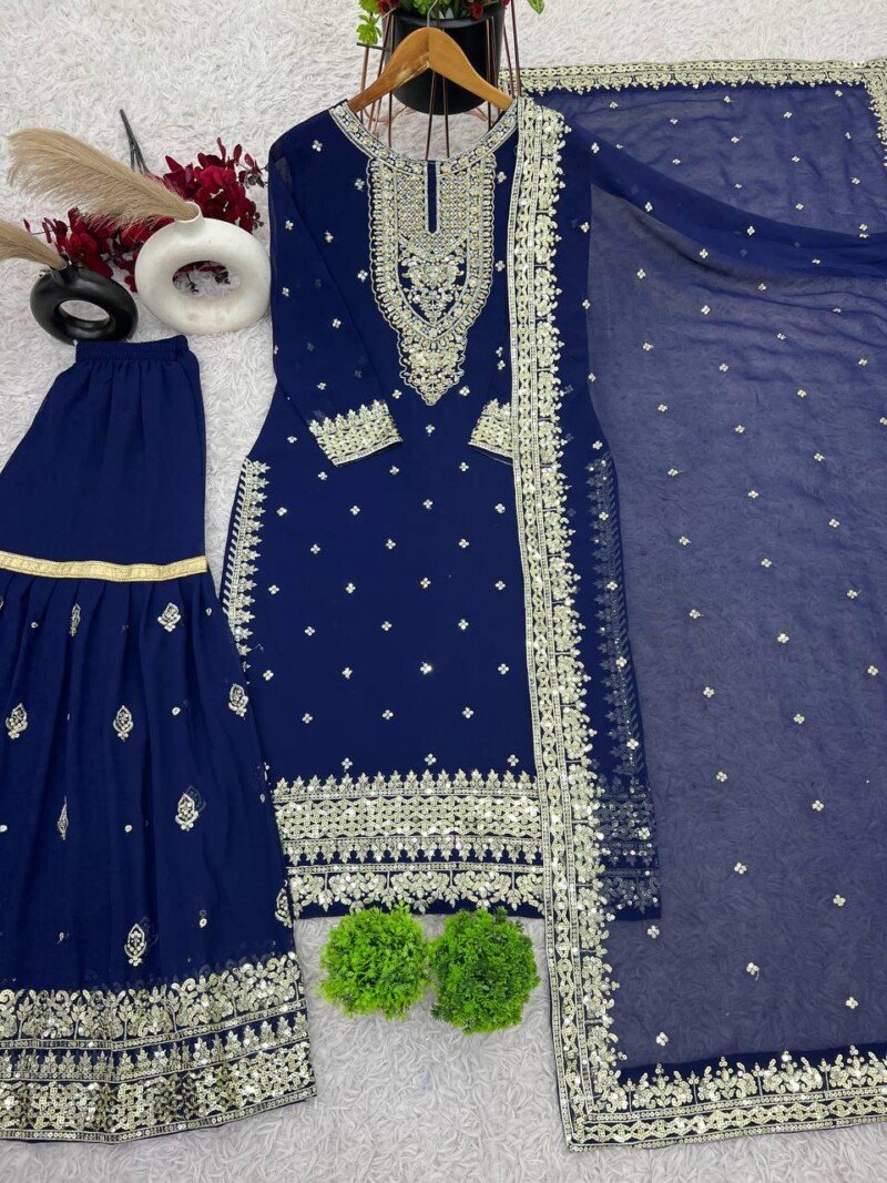 Beautiful Pakistani Embroidered Georgette Sharara Suit - Image 8