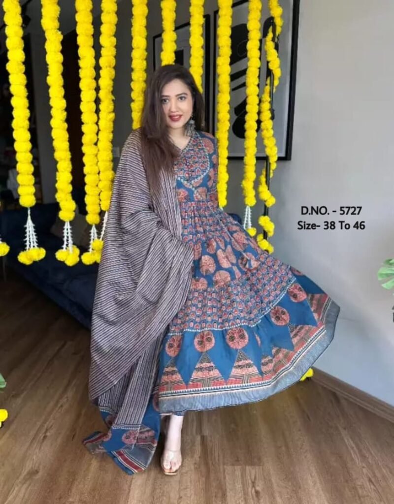 Plus/Regular Size Cotton printed Blue Anarkali 3p. Suit