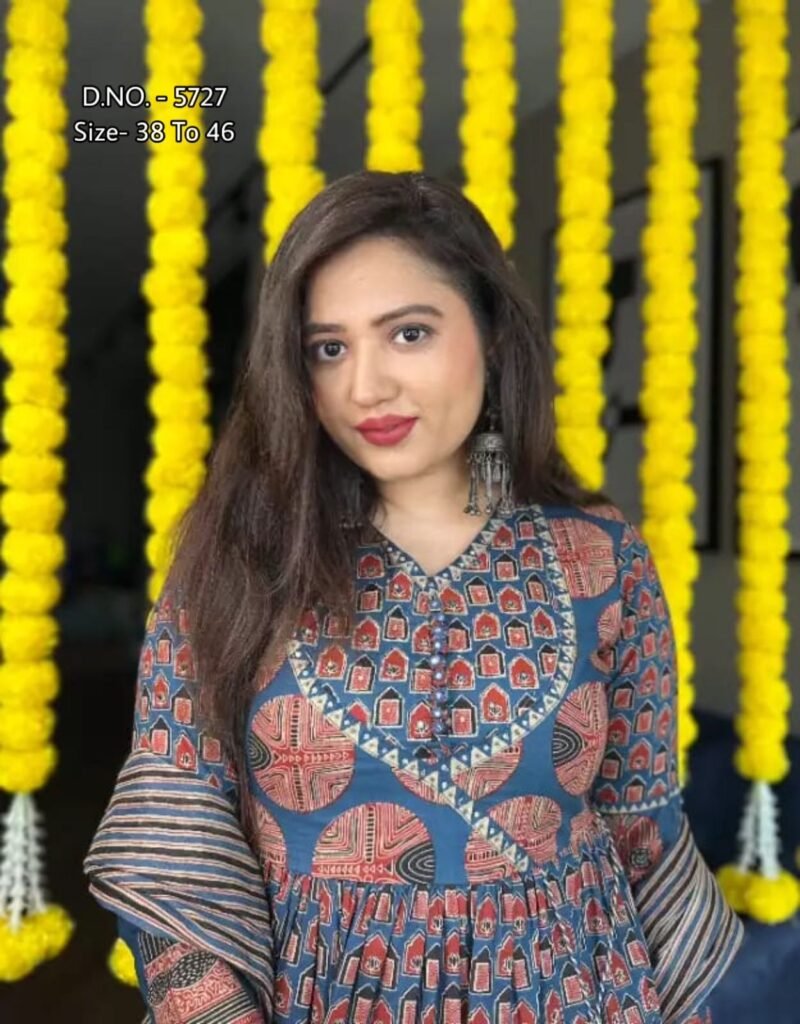 Plus/Regular Size Cotton printed Blue Anarkali 3p. Suit - Image 5