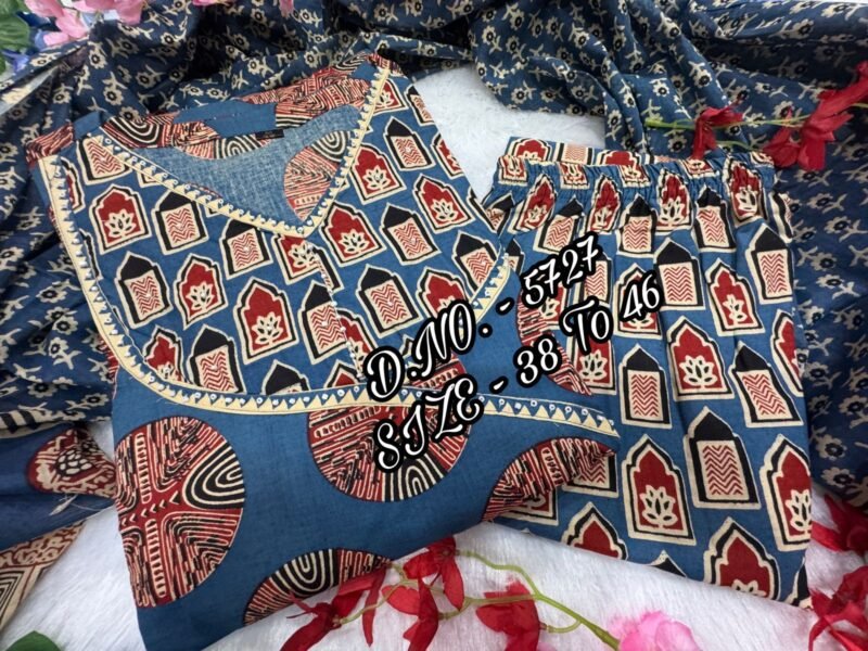 Plus/Regular Size Cotton printed Blue Anarkali 3p. Suit - Image 8