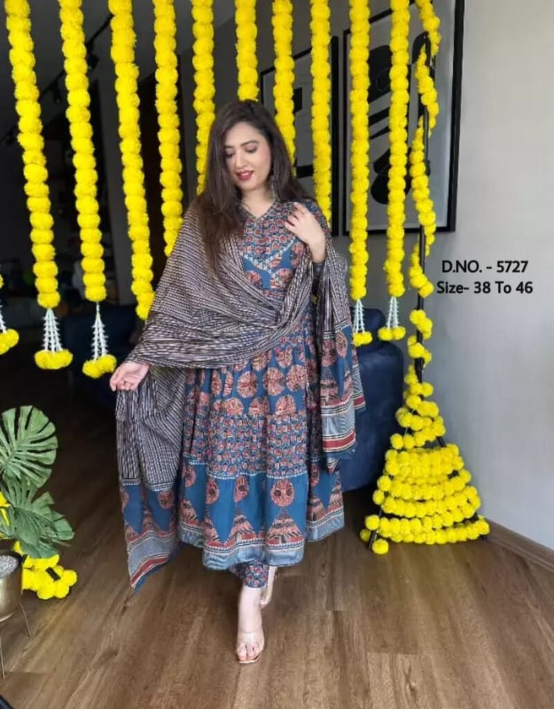 Plus/Regular Size Cotton printed Blue Anarkali 3p. Suit - Image 2