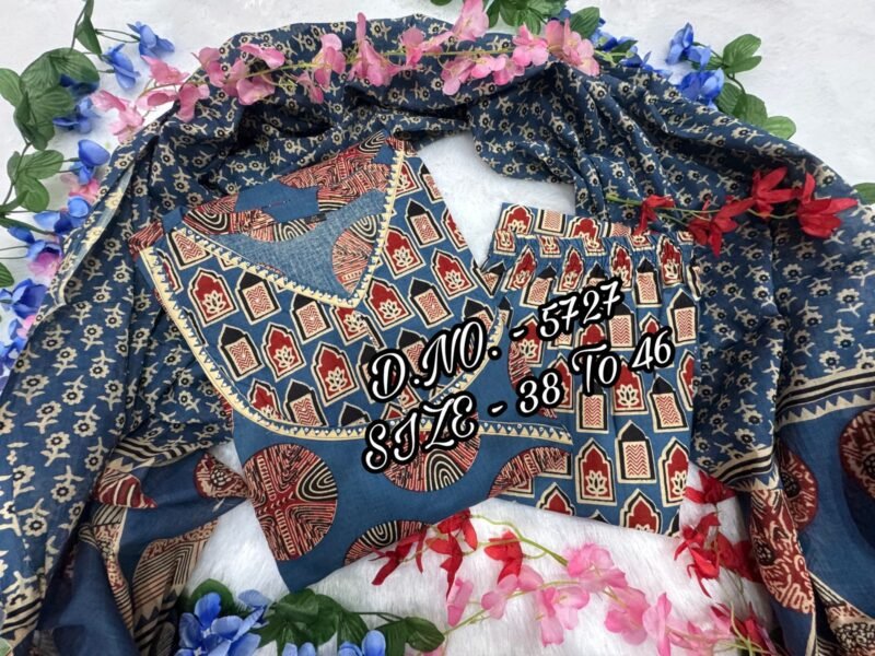 Plus/Regular Size Cotton printed Blue Anarkali 3p. Suit - Image 7
