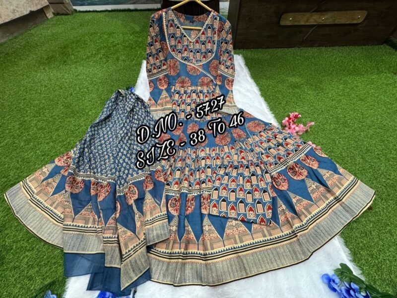 Plus/Regular Size Cotton printed Blue Anarkali 3p. Suit - Image 6