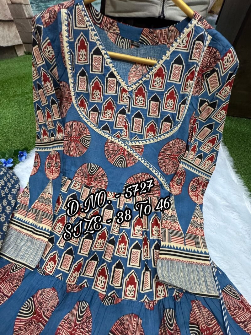 Plus/Regular Size Cotton printed Blue Anarkali 3p. Suit - Image 4