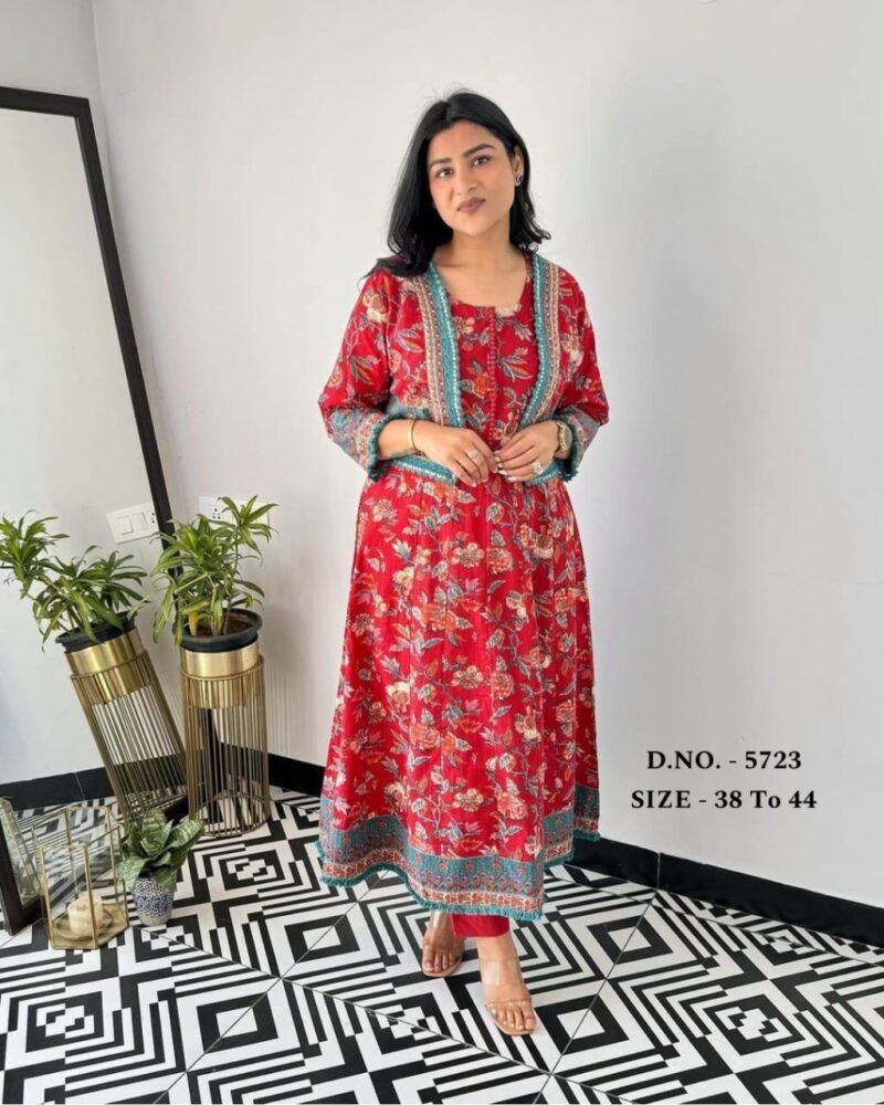 Pure Cotton Anarkali with Jacket And Pant Dupatta Set - Image 2