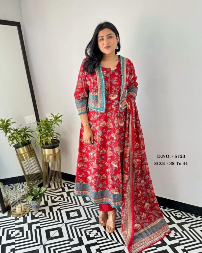 Pure Cotton Anarkali with Jacket And Pant Dupatta Set