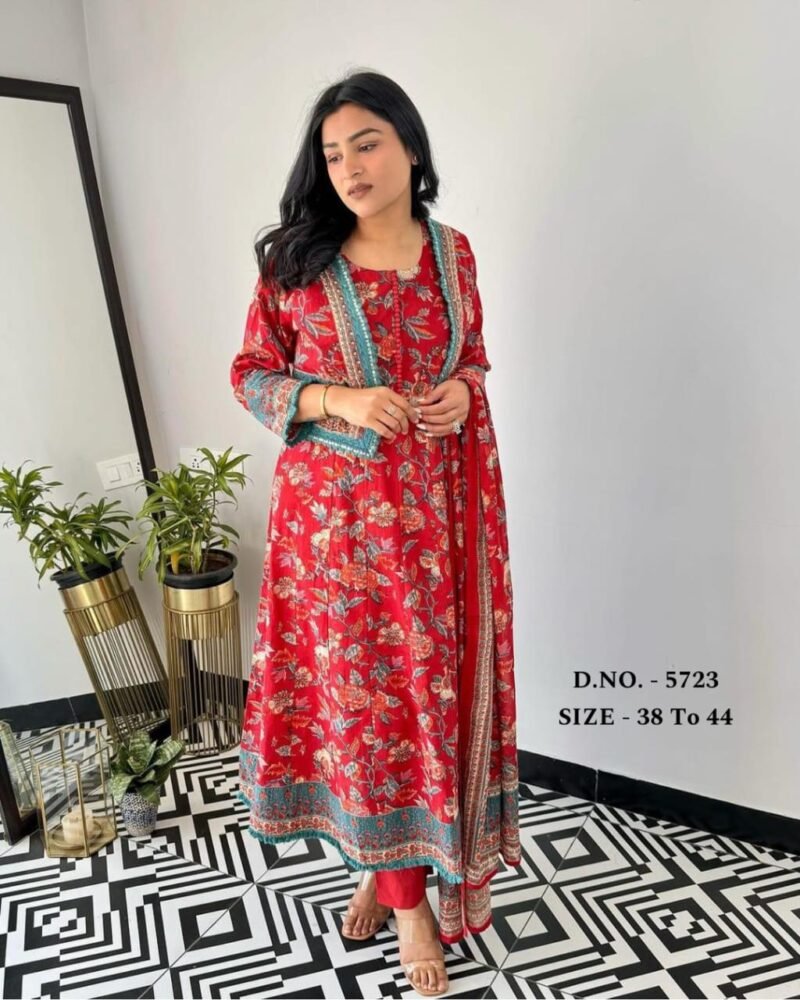 Pure Cotton Anarkali with Jacket And Pant Dupatta Set - Image 4