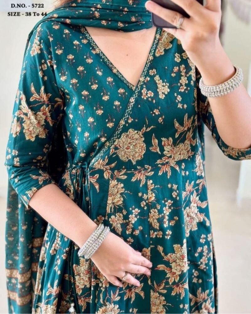 Pakistani Green Floral Printed Anarkali 3Piece Suit Readymade - Image 6