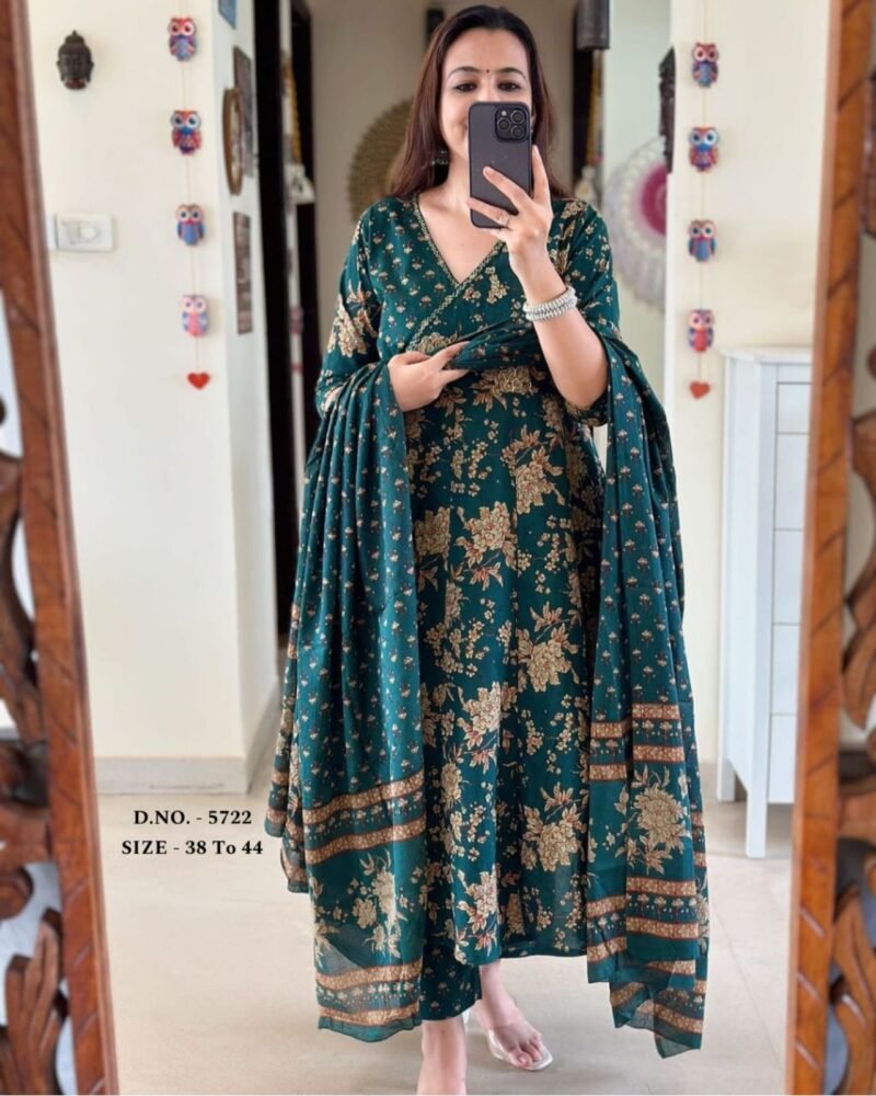Pakistani Green Floral Printed Anarkali 3Piece Suit Readymade - Image 5