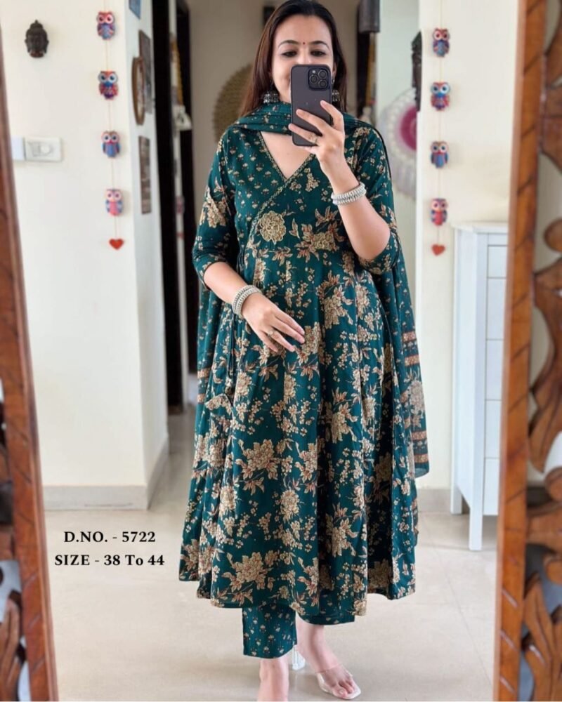 Pakistani Green Floral Printed Anarkali 3Piece Suit Readymade - Image 4