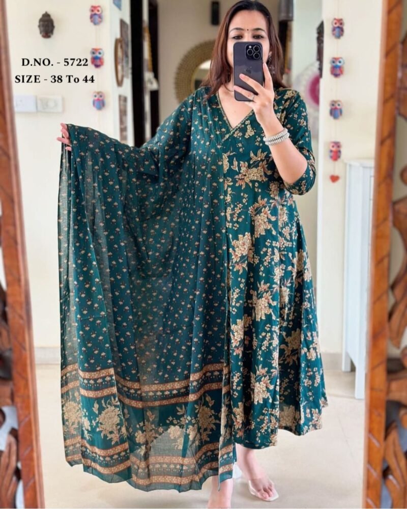 Pakistani Green Floral Printed Anarkali 3Piece Suit Readymade