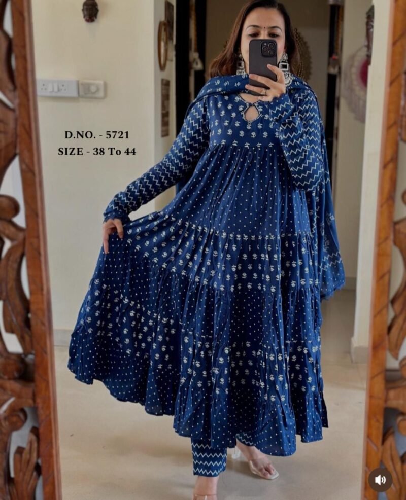 Beautiful Blue Block Printed Anarkali 3Piece Suit Readymade