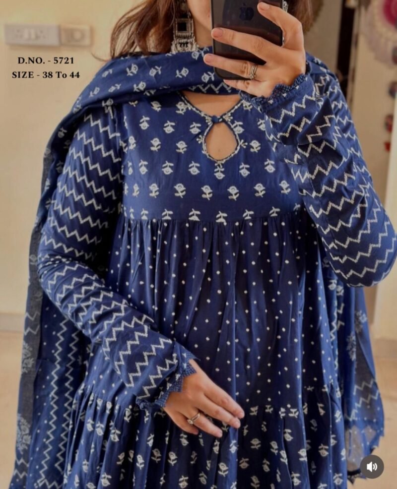 Beautiful Blue Block Printed Anarkali 3Piece Suit Readymade - Image 3