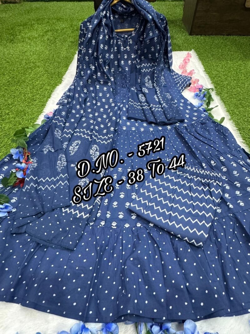 Beautiful Blue Block Printed Anarkali 3Piece Suit Readymade - Image 6
