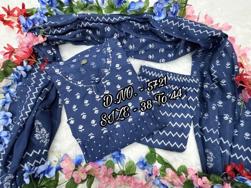 Beautiful Blue Block Printed Anarkali 3Piece Suit Readymade - Image 7
