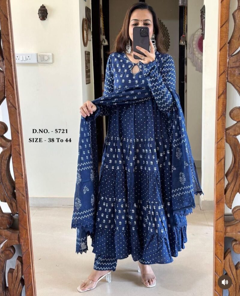 Beautiful Blue Block Printed Anarkali 3Piece Suit Readymade - Image 4